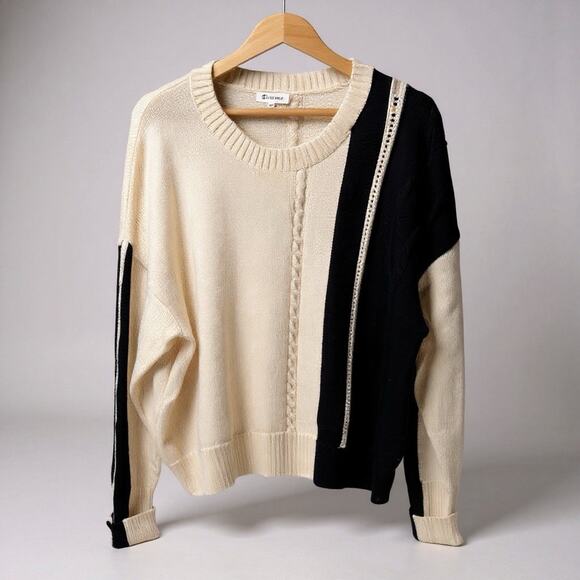 Lily Silk Cable Knit Sweater Women's XXL 2X Black Cream Colorblock Luxury Chic - Picture 1 of 10